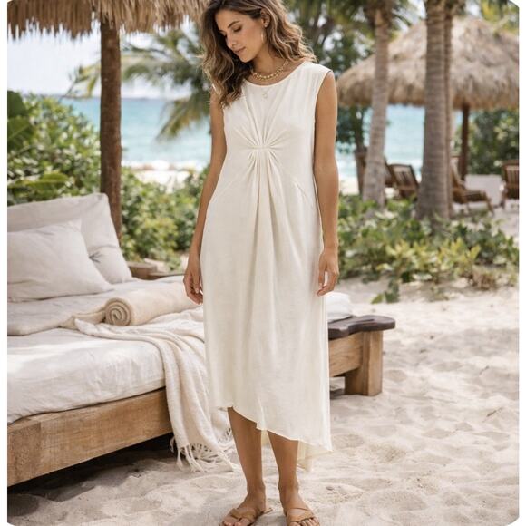 Free People Dresses & Skirts - Free People FP Beach Ivory Ruched Front Midi Dress Keyhole Back Hi Low Hem Small